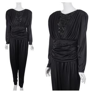 Vintage 80s Abby Kent Jumpsuit S/M Black Sequin Beaded Long Sleeve Ruched Party